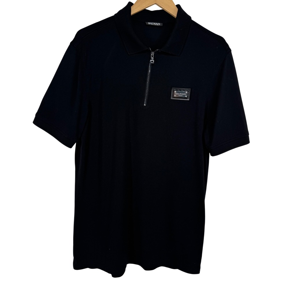 Balmain Paris Mens Black Quarter Zip Logo Patch Pique Polo Shirt Size M
